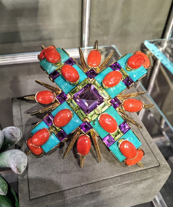 Hutton Wilkinson for Tony Duquette coral, turquoise and amethyst brooch