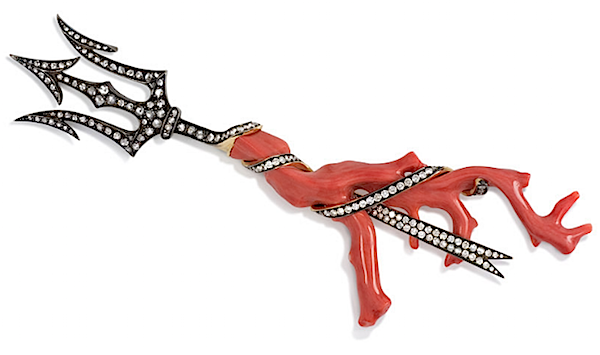 Tony Duquette coral and diamond trident brooch