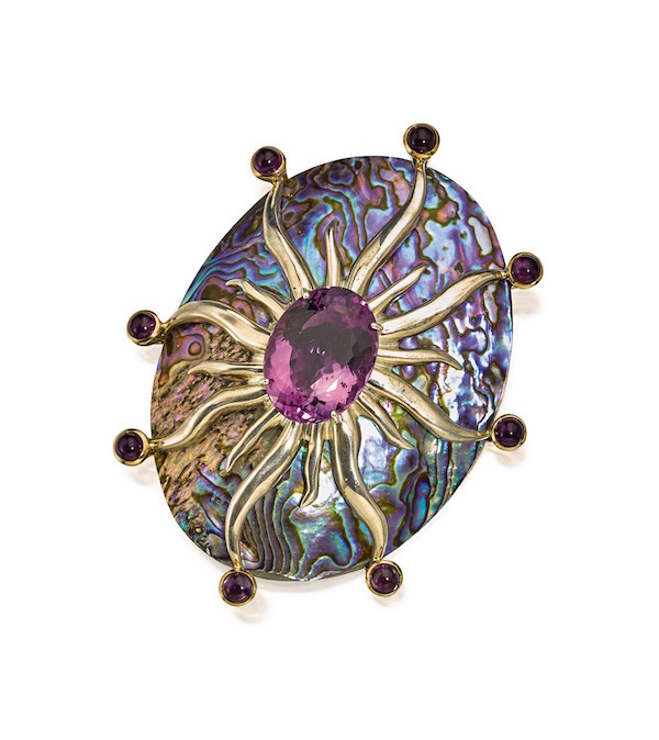 Tony Duquette abalone and amethyst brooch