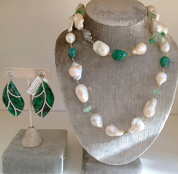 Nina Runsdorf Emerald slice %22leaf%22earrings & baroque pearl & emerald bead necklace-1