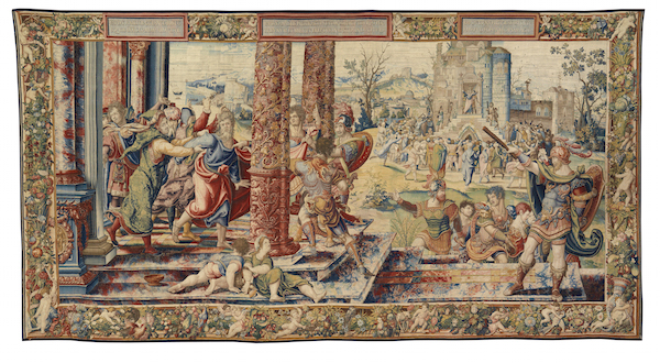 Saint Paul Seized at the Temple of Jerusalem tapestry in a set of The Story of Saint Paul. Designed by Pieter Coecke van Aelst