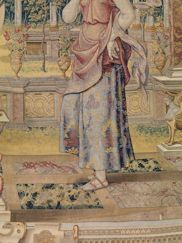 detail of Vertumnus Appears to Pomona in the Guise of a Vintner tapestry in a set of the Story of Vertumnus and Pomona. Design attributed to Pieter Coecke van Aelst