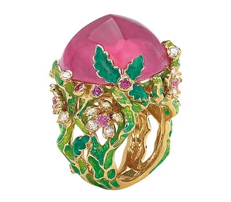 "diorella" ring in 18K yellow gold, diamonds, rubellite, pink sapphires and lacquer
