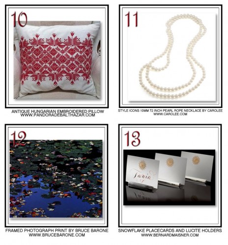 Pandora de Balthazar antique pillow, Carolee pearl necklace, Bruce Barone photograph, Bernard Maisner place cards