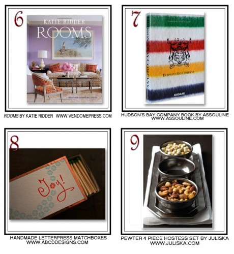 Katie Ridder Rooms, Hudson's Bay Company Book from Assouline, Juliska pewter hostess set, Letterpress matchboxes by ABDC designs - all prizes for Quintessence blog's #Jingletweet party