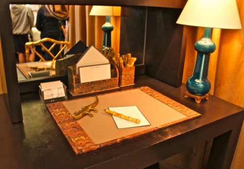 Desk detail of interior designer Allison Hennessy's Albert Hadley inspired vignette for Rooms with a View 2011