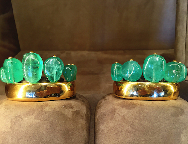 Belperron carved emerald and gold cuffs