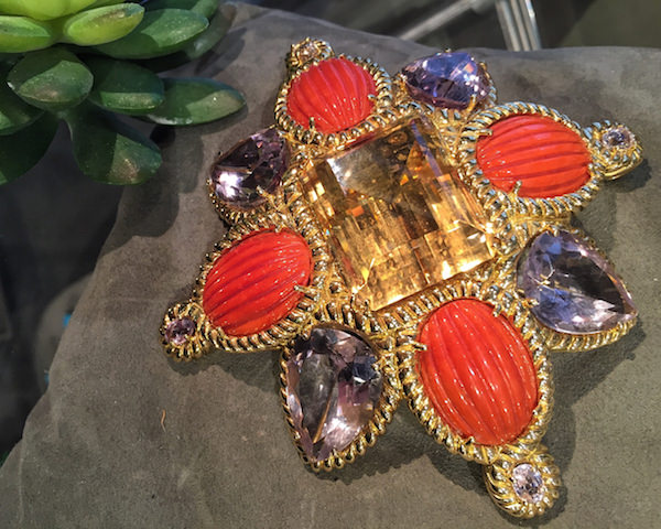 Tony Duquette coral and amethyst brooch