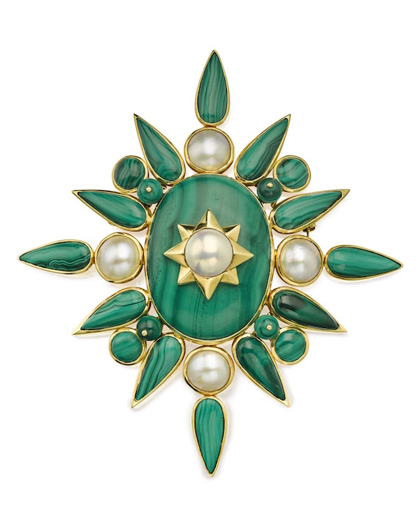 Tony Duquette malachite and pearl brooch