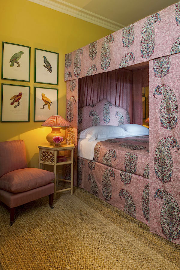 Soane Hurlingham Bedside Table + Turkic Lamp + Paisley Parrot fabric