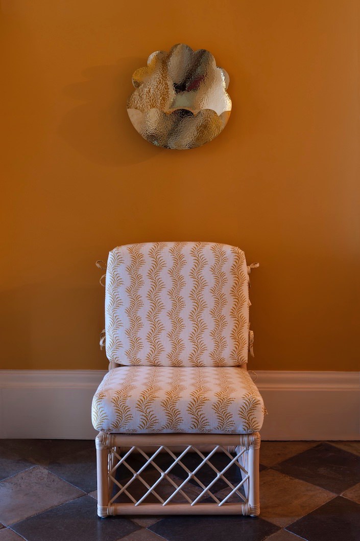 The-Scalloped-Helios-Wall-Light-and-Lily-Slipper-Chair-in-Scrolling-Fern-Fabric