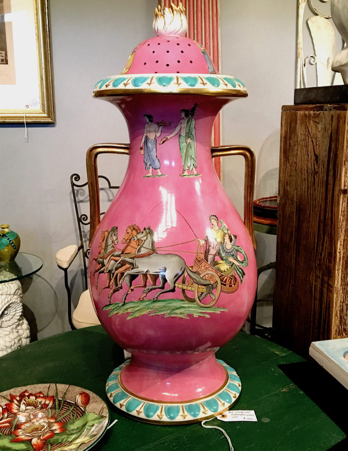 antique transferware urn at NYBG Antique Garden Furniture Fair