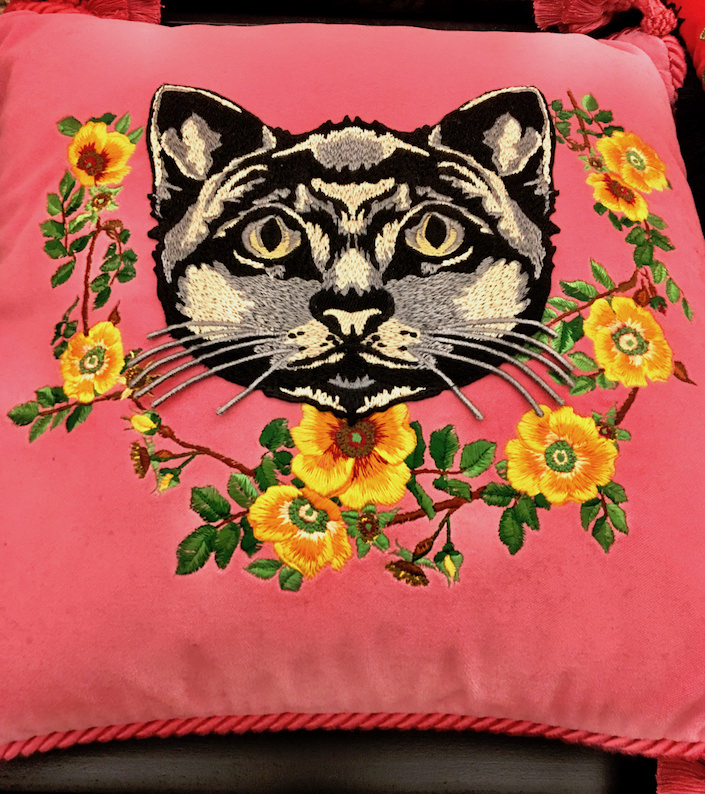 Gucci velvet cushion with embroidered cat