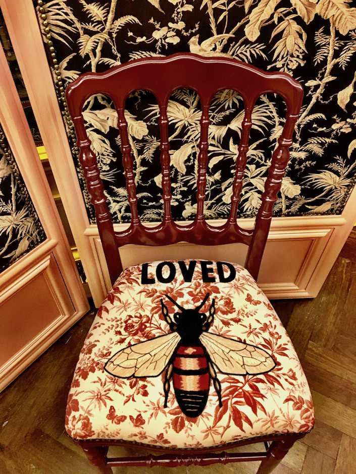 Gucci wood chair with embroidered bee