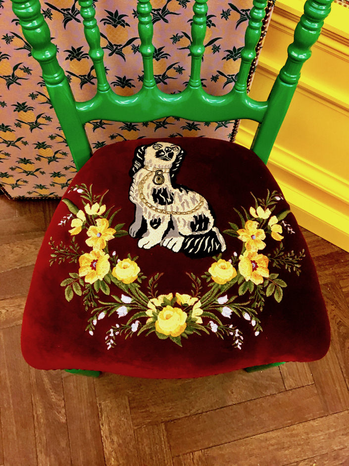 Gucci wood chair with embroidered spaniel