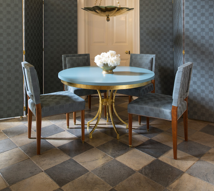 Soane Fall 2017 Old-Flax-Check-Lagoon-Pavilion-Chairs-Belvedere-Dining-Table_HR