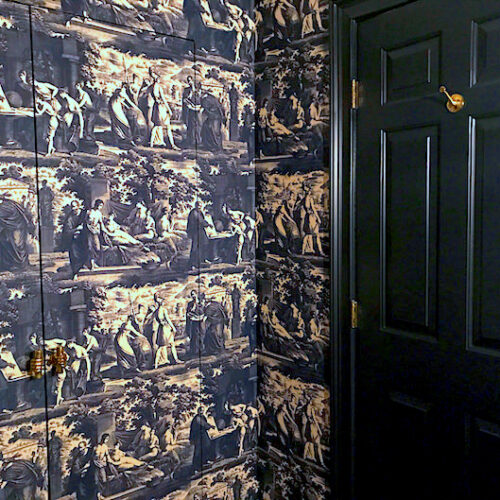 jib doors with Christopher Moore Cholet toile wallpaper via Quintessence