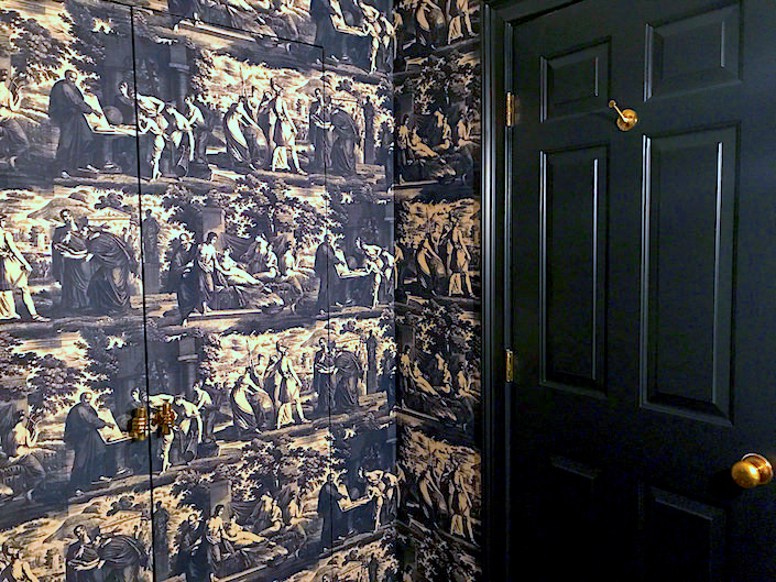 jib doors with Christopher Moore Cholet toile wallpaper via Quintessence