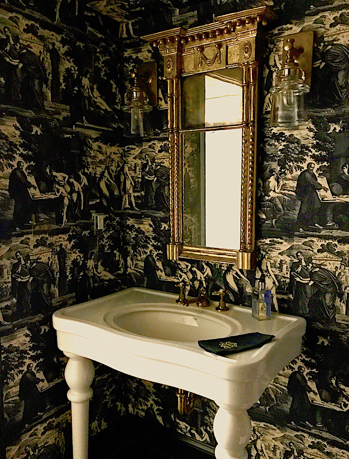 powder room with Christopher Moore Cholet toile wallpaper