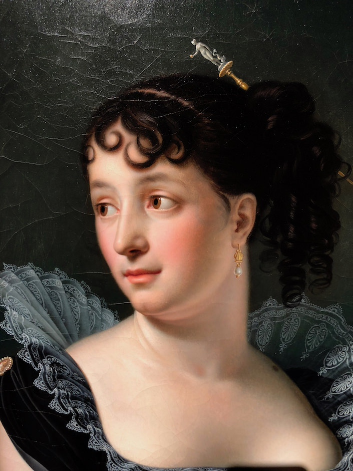 Portrait detail of Madame Bertin de Vaux by Anne-Louis Girodet Trison at Robilant + Voena at TEFAF NEw York Fall