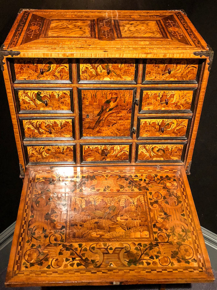 Marquetry cabinet at Thomas Coulborn at 2018 Winter Antiques Show