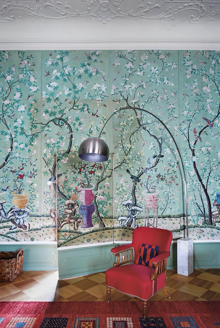 18th c. wallpaper and Achille Castiglioni Arco lamp at Schloss Hollenegg, photo by Simon Watson for T Magazine