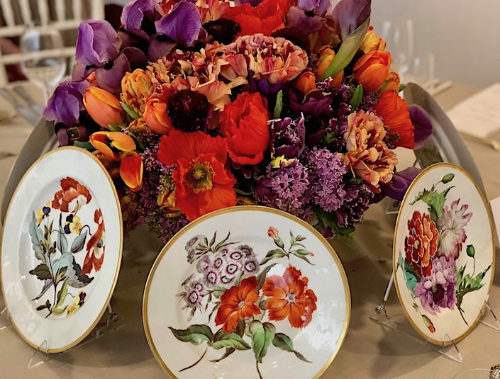 Kevin Sharkey floral arrangement with 1815 Derby porcelain at Christie's Martha Stewart lunch