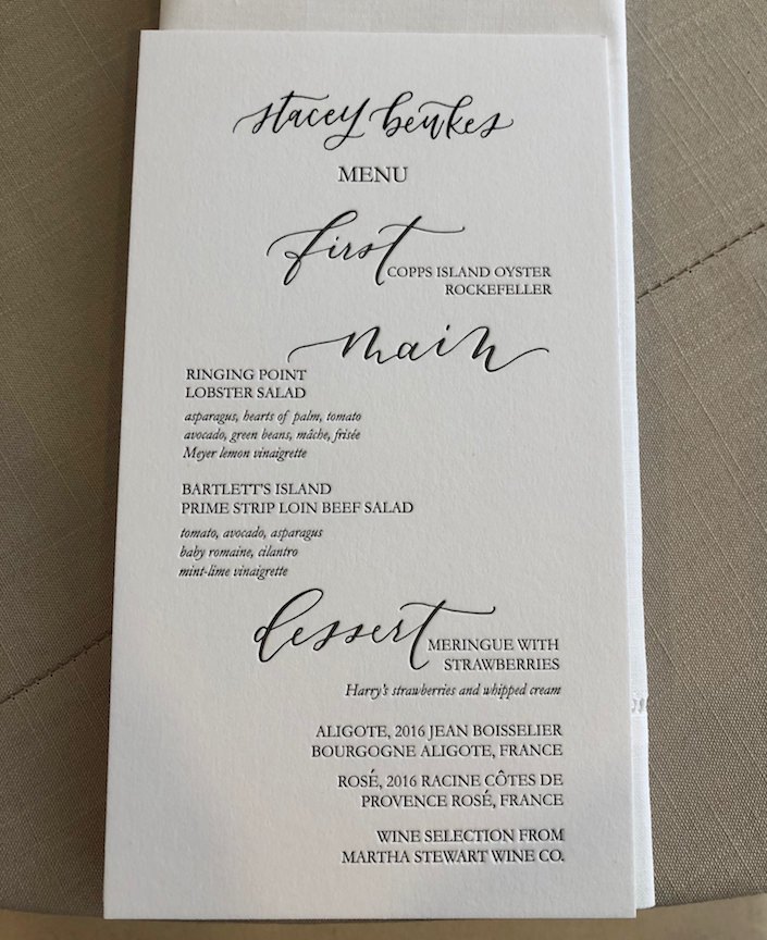 menu at Martha Stewart Christie's lunch