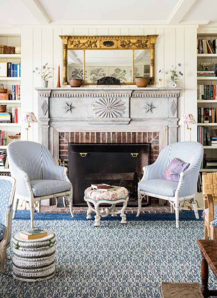 Markham Roberts Nantucket project living room fireplace via Quintessence