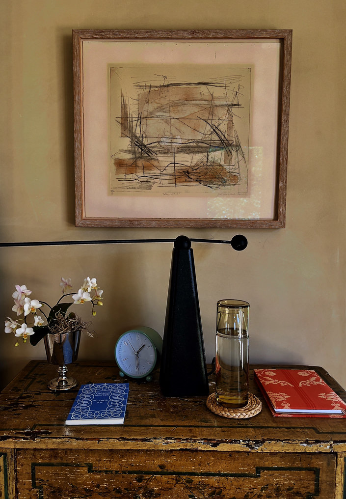 Suzanne Rheinstein artwork on paper in Montecito bedroom