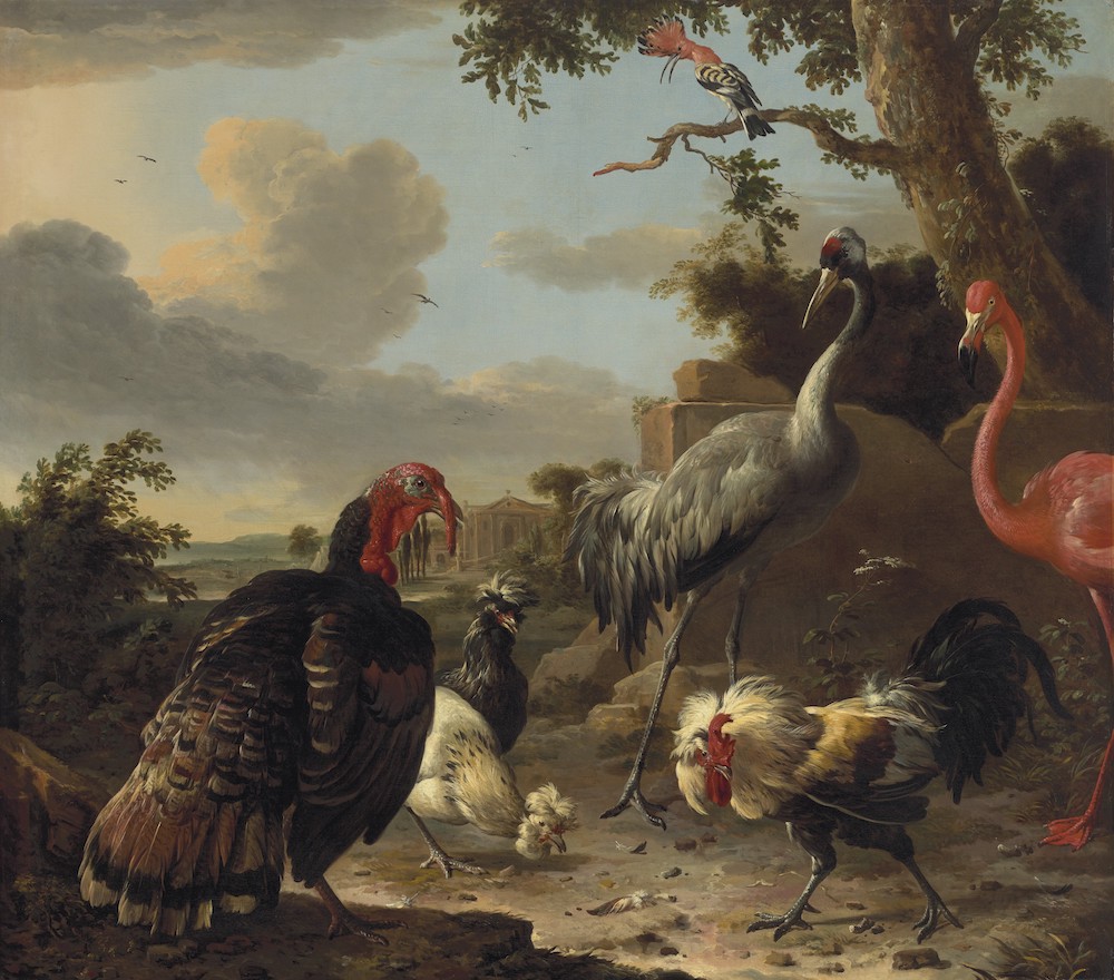 Christies Pierre Durand Lot 47_MELCHIOR D'HONDECOETER, A sarus crane, a flamingo, a wild bronze turkey cock, two Paduan fowl, a silver