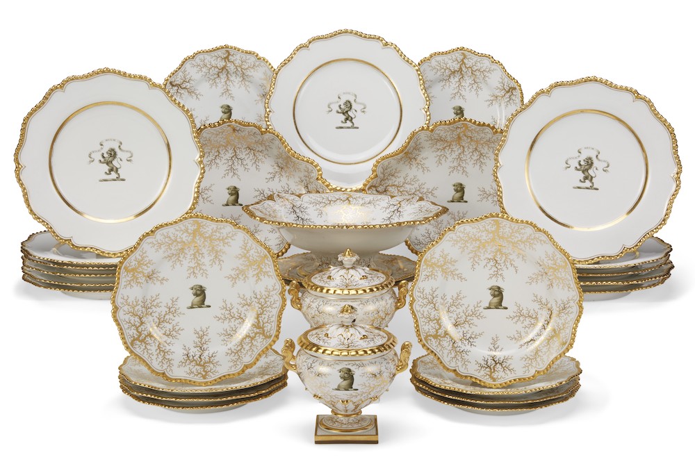 Pierre Durand auction at Christies Lot 162_AN ASSEMBLED WORCESTER (FLIGHT, BARR & BARR) PORCELAIN GRISAILLE CRESTED PART SERVICE