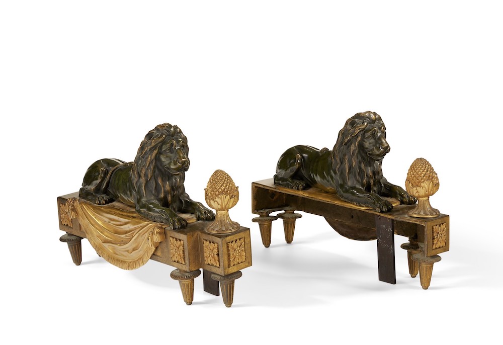 Christies Lot 193_A PAIR OF LOUIS XVI STYLE ORMOLU AND PATINATED BRONZE CHENETS