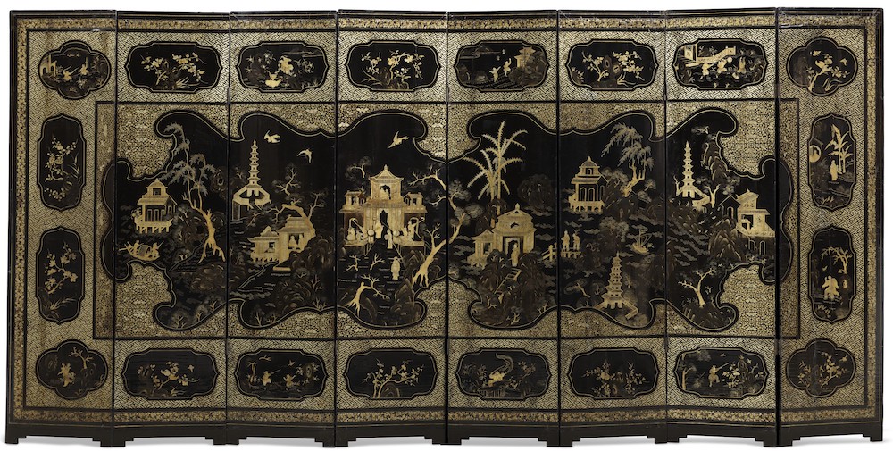 Pierre Durand auction at Christies Lot 32_A CHINESE GILT-DECORATED BLACK LACQUER EIGHT-PANEL FOLDING SCREEN