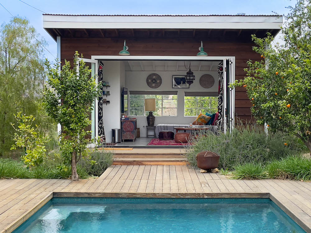pool house at home in Ojai with Isabelle Dahlin and Brandon Boudet