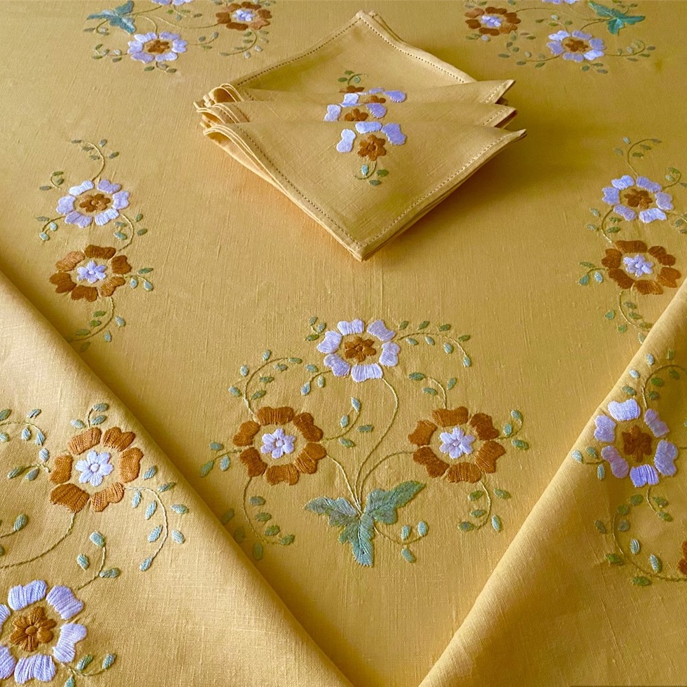 Vintage Yellow Embroidered Linen Set