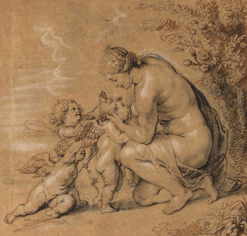 Venus nursing three putti; Crescetis Amores (friendship book), Peter Paul Rubens, 1616, black chalk with pen in brown ink, heightened with white opaque watercolour, on brown-tinted laid paper © Private Collection, Antwerp