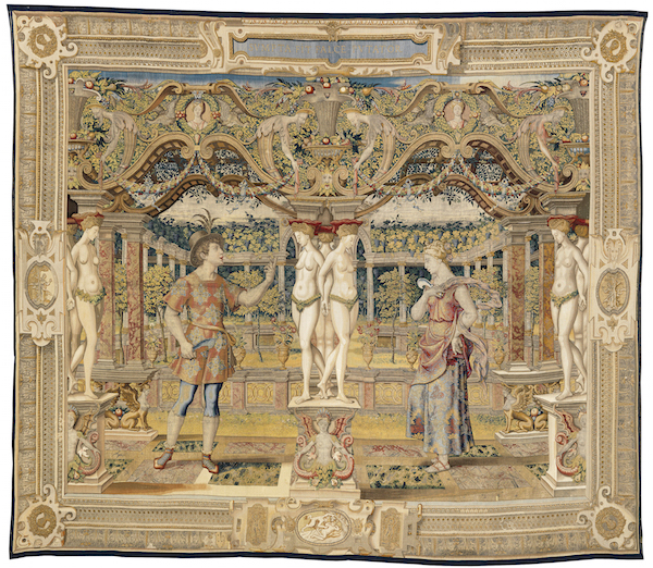 Vertumnus Appears to Pomona in the Guise of a Vintner tapestry in a set of the Story of Vertumnus and Pomona. Design attributed to Pieter Coecke van Aelst