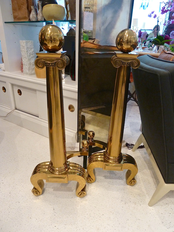 Art Moderne 1940's brass andirons at Dragonette