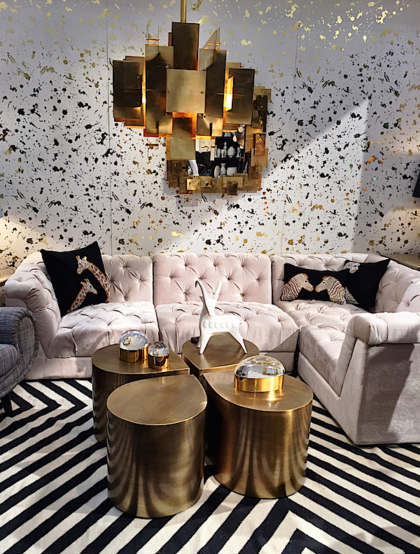 Jonathan Adler black and white Bridget Kilim and new sectional at NY Now