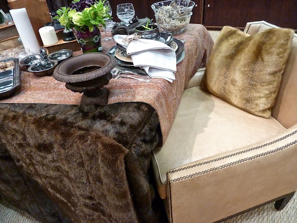 Juliska winter scene with leather and fur tablescape