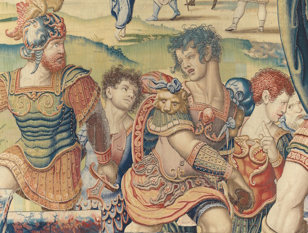 Detail of Soldiers from Saint Paul Seized at the Temple of Jerusalem tapestry in a set of The Story of Saint Paul. Designed by Pieter Coecke van Aelst