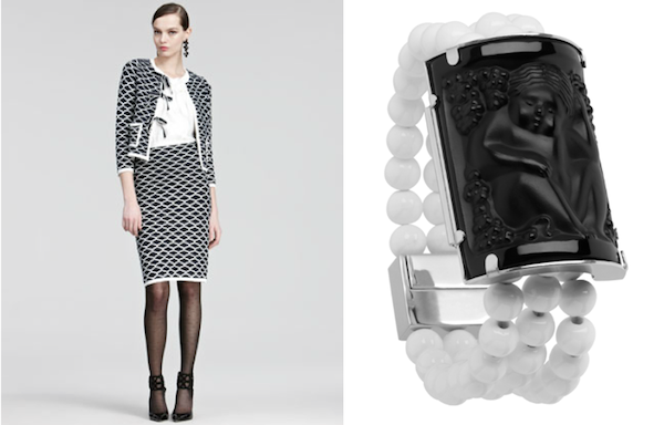 Oscar de la Renta fall outfit paired with Lalique jewelry