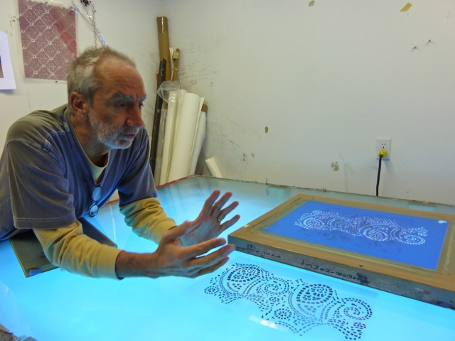 Peter Fasano explaining silk screen process at his Great Barrington studio