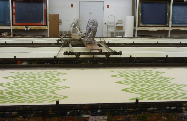 Silkscreening fabric at Peter Fasano's studio