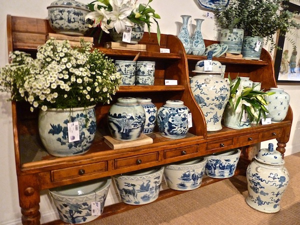 Blue and white ceramics at Van Thiel at High Point market