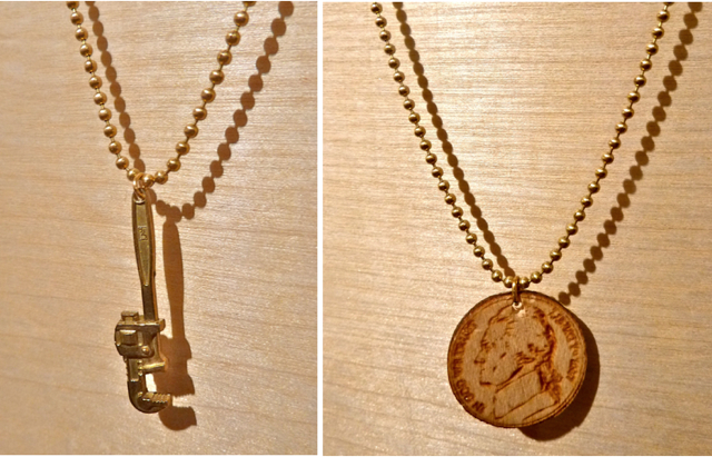 Wood shop wrench and wooden nickel pendants