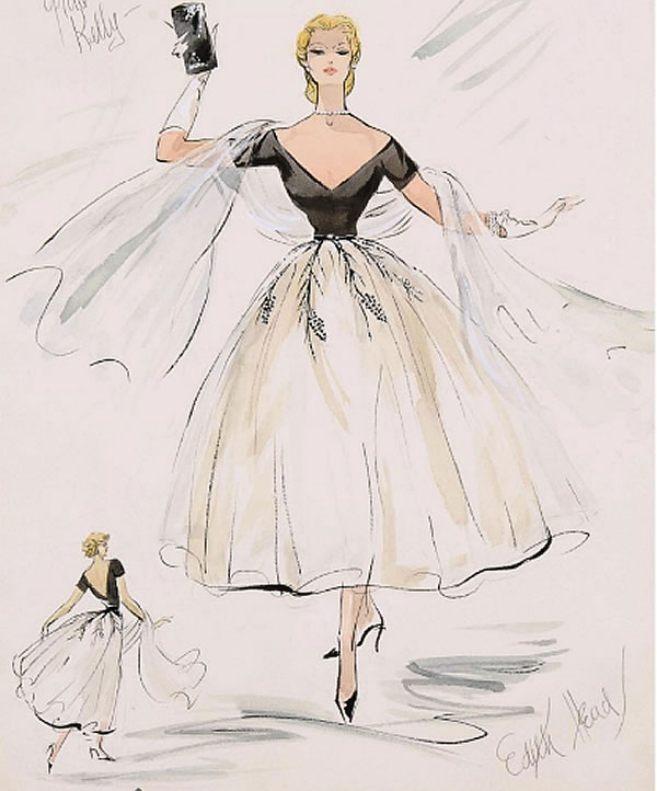 Edith Head sketch for Grace Kelly black and white dress in Rear Window