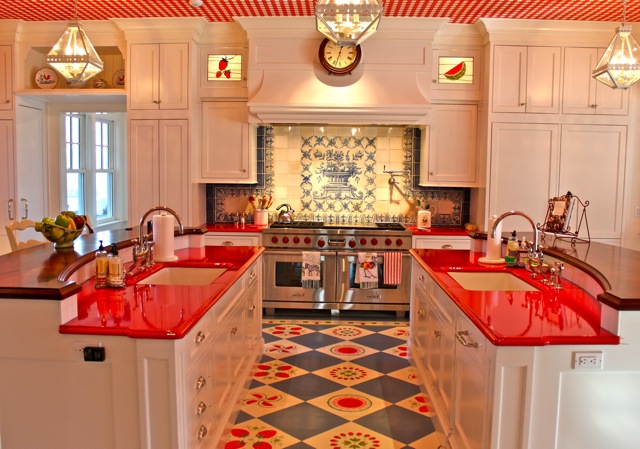 Red lava stone counters and stenciled floors